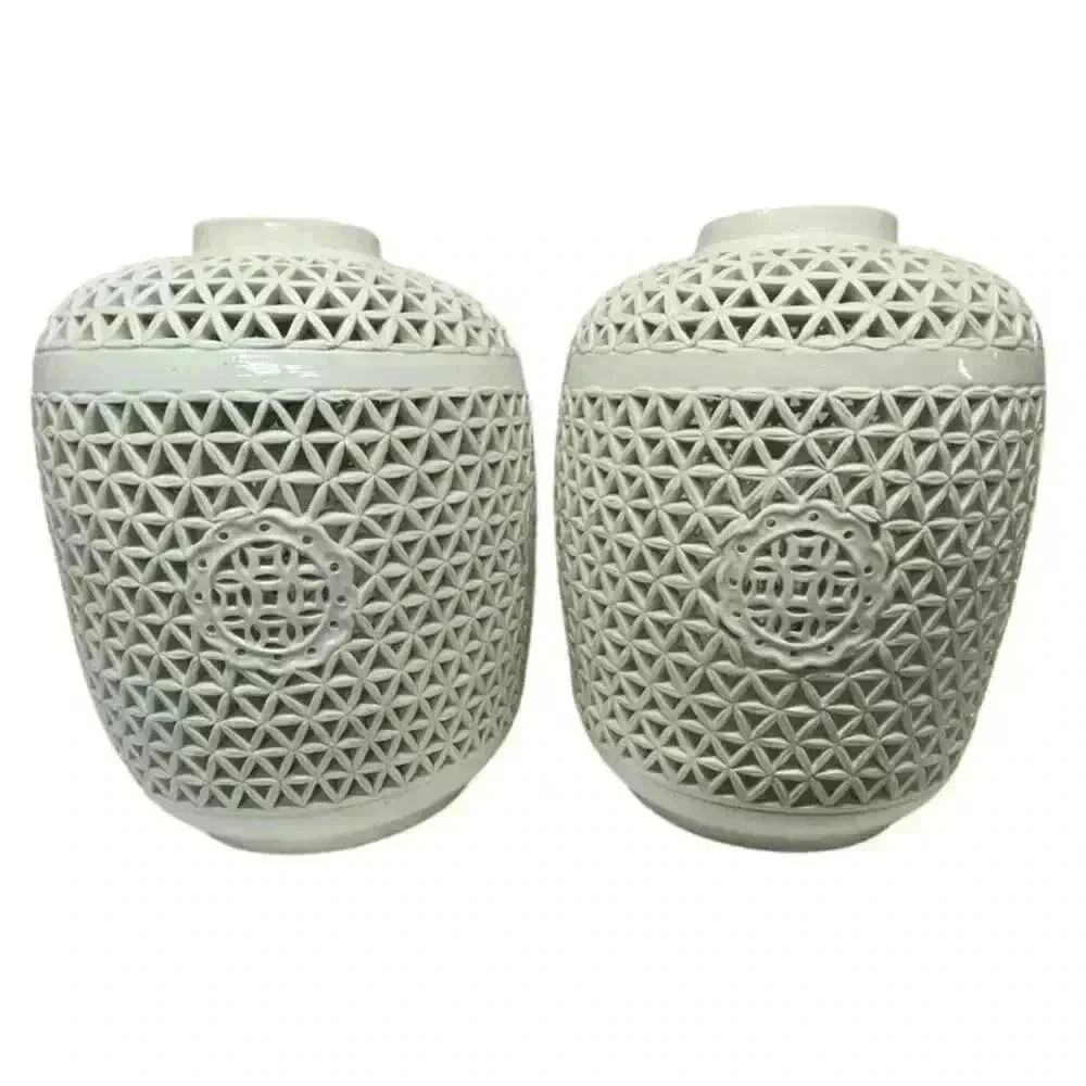 Pair of white majolica perforated Chinese Reticulated Porcelain Ceramic Vases